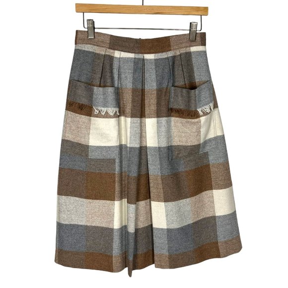 Vintage Dresses & Skirts - Vintage 60s Brown Grey Check Plaid Wool Blend Knee Length A Line Skirt Medium